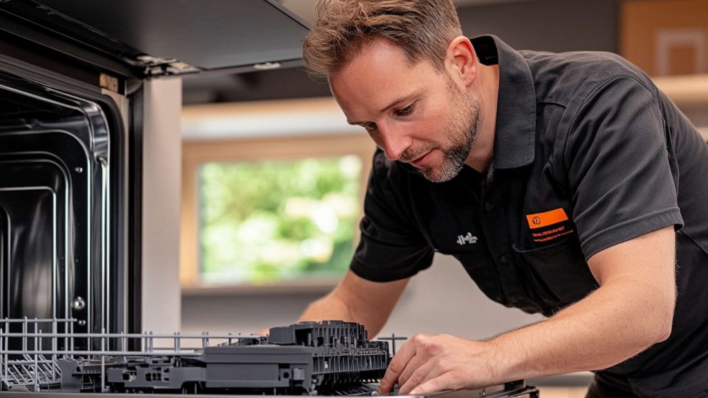 Erfahrener Techniker repariert Haushaltsgerät präzise mit Spezialwerkzeug